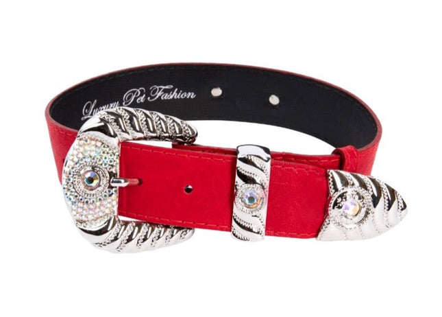 Red Distressed Italian Leather With Silver Ornate Swarovski Hardware