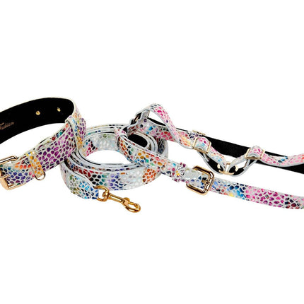 White Floral Mosaic Italian Leather Collar, Leash, Harness Set With Gold Classic Hardware