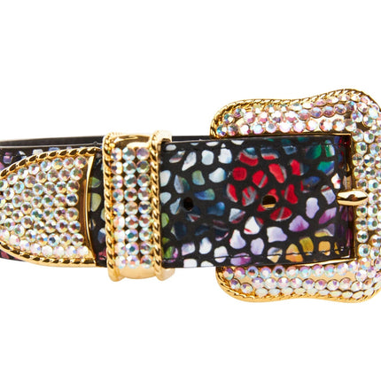 Luxury Pet Fashion Black Floral Mosaic Italian Leather With Gold Swarovski Crystal Hardware