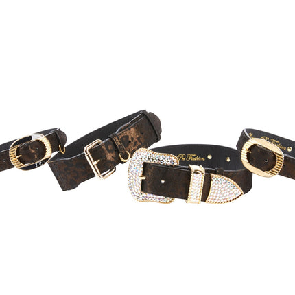 Dark Brown/Bronze Abstract Leopard Print Italian Leather Set Of 4 Collars With Italian Hardware