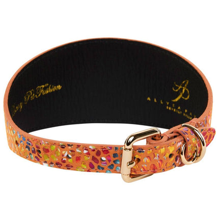 Orange Floral Mosaic Italian Leather 3” Wide Style Collar