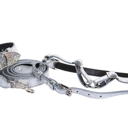 Silver Studded Italian Leather Swarovski Crystal Collar, Leash, Harness Set