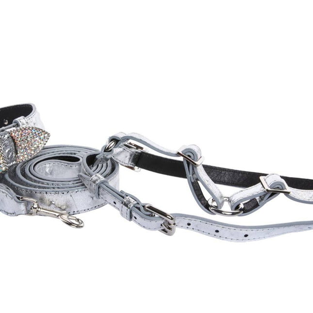 Silver Studded Italian Leather Swarovski Crystal Collar, Leash, Harness Set