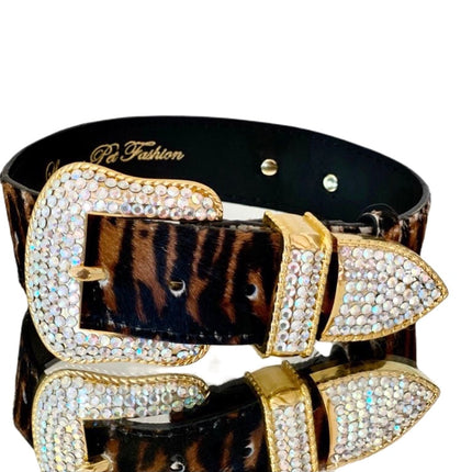 Luxury Pet Fashion Tiger Print Hair On Hide Italian Leather Collar With Swarovski Crystal Hardware