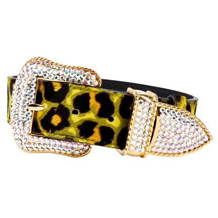 Yellow, Green, Black, Orange Leopard Print Hair On Hide Italian Leather Collar, With Swarovski Crystal Hardware