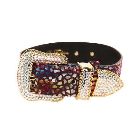 Luxury Pet Fashion Burgundy Floral Mosaic Italian Leather With Gold Swarovski Crystal Hardware