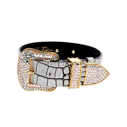 Dark Brown/Off White Embossed Croc Italian Leather Collar With Gold Swarovski Hardware