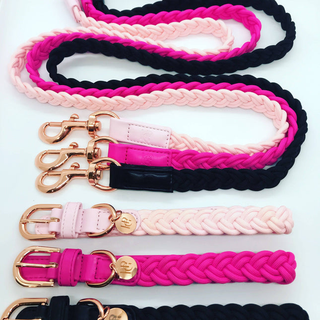 Dog Lead Black Plaited - Rose Gold Hardware