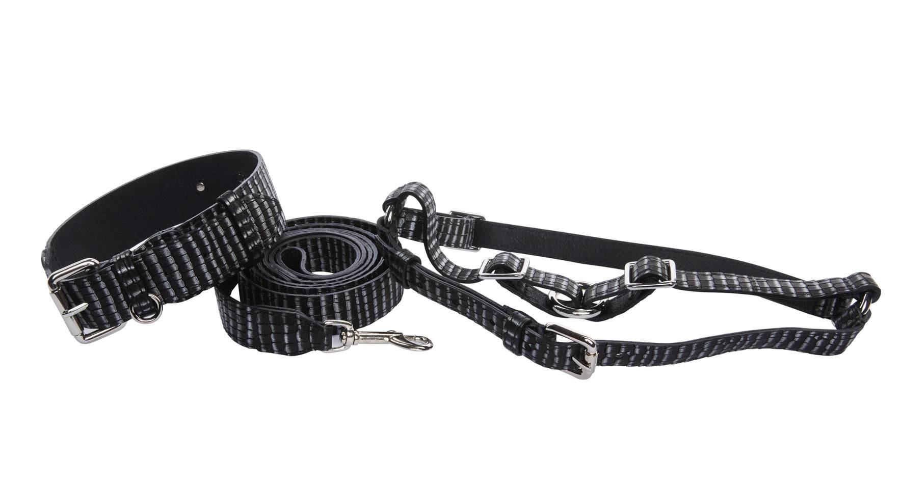 Black & Silver Striped Italian Leather Classic Collar, Leash & Harness Set With Silver Hardware