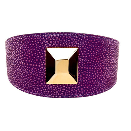 Purple & Pink Embossed Stingray Print Italian Leather 3” Wide Style Collar With Large Custom Gold Rivet