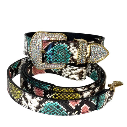 Multi-Color Embossed Snake Italian Leather Collar & Leash Set, with our Italian Made Swarovski Crystal Hardware