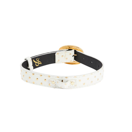 White & Gold Polka Dot Italian Leather Collar With Orante Italian Hardware