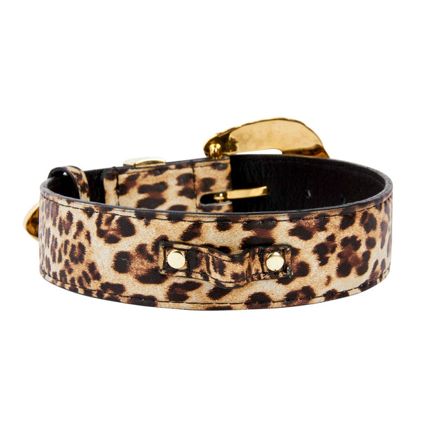 Leopard Print Italian Leather Collar With Royal Swarovski Crystal Hardware