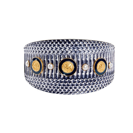 Nautical Collection. White & Navy Snake With Nautical Navy & Gold Rivets & Pearls