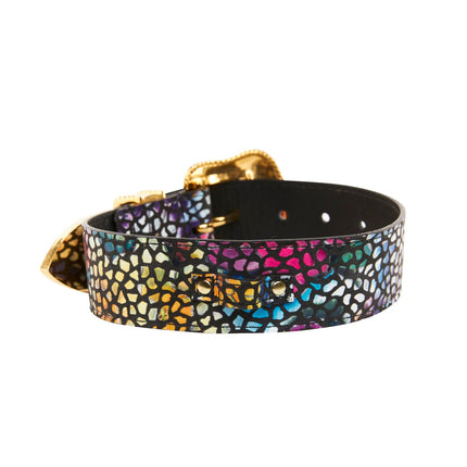 Luxury Pet Fashion Black Floral Mosaic Italian Leather With Gold Swarovski Crystal Hardware