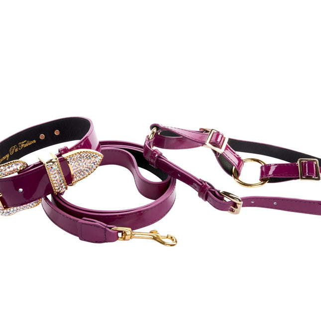 Purple Patent Italian Leather/Swarovski Crystal Hardware Collar, Leash & Harness Set