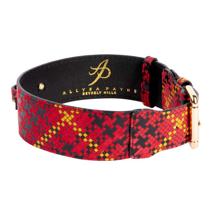 Red, Black & Yellow Elegant Plaid Italian Leather Collar With Gold Classic Hardware