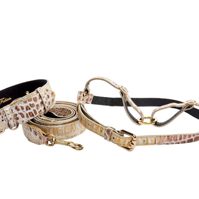 Silver/Bronze/Gold Italian Leather Embossed Croc Classic Collar, Leash & Harness Set