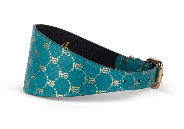 Teal & Gold Monogram Snake 3” Wide Style Collar