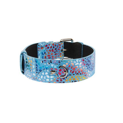 Luxury Pet Fashion Blue Floral Mosaic Italian Leather Collar