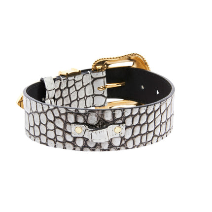 Dark Brown/Off White Embossed Croc Italian Leather Collar With Gold Swarovski Hardware