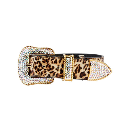 Leopard Print Italian Leather Collar With Swarovski Crystal Hardware