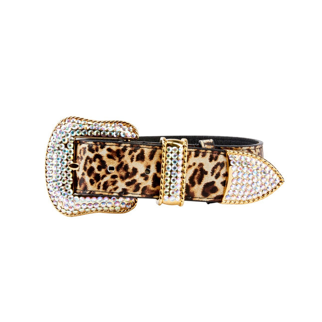 Leopard Print Italian Leather Collar With Swarovski Crystal Hardware