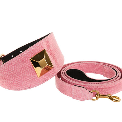 Soft Pink Snake 3” Wide Style Collar With Custom Large Gold Rivet & Leash Set