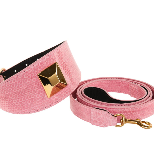 Soft Pink Snake 3” Wide Style Collar With Custom Large Gold Rivet & Leash Set