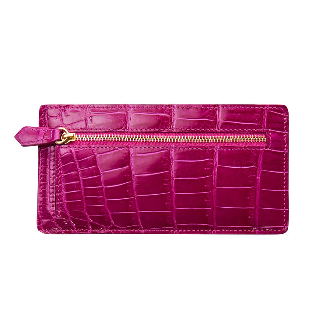 Fuchsia Croc Card Wallet With Zip Pocket