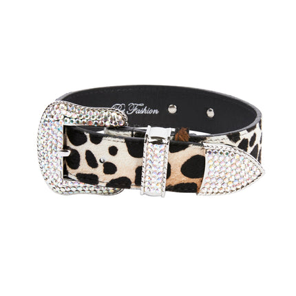 Luxury Pet Fashion Animal Print Hair On Hide Italian Leather Collar With Swarovski Crystal Hardware