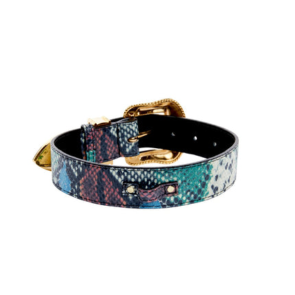 Green, Blue, Black, Red Embossed Snake Italian Leather Collar With Gold Swarovski Hardware