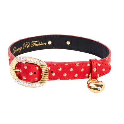 Red & Gold Polka Dot Italian Leather Collar With Italian/Swarovski Hardware & Heart Charm