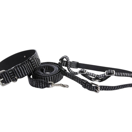 Black & Silver Striped Italian Leather Classic Collar, Leash & Harness Set With Silver Hardware