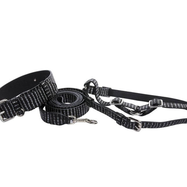 Black & Silver Striped Italian Leather Classic Collar, Leash & Harness Set With Silver Hardware