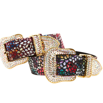 Luxury Pet Fashion Burgundy Floral Mosaic & Black Floral Mosaic Italian Leather With Silver Swarovski Crystal Hardware Collars