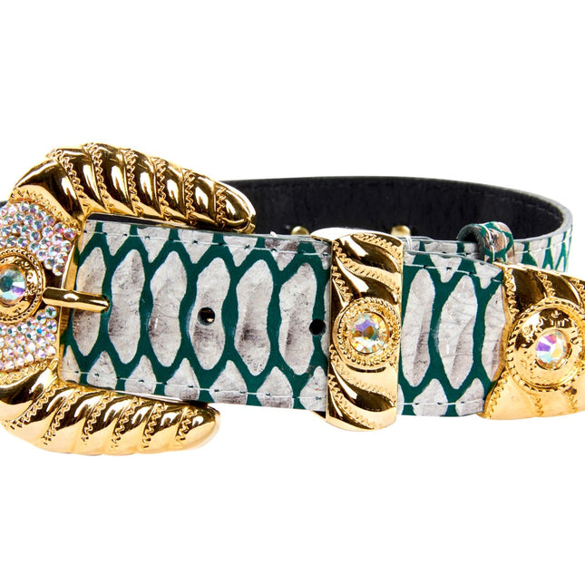 Green & Off White Embossed Python Print Italian Leather With Ornate Swarovski Crystal Hardware