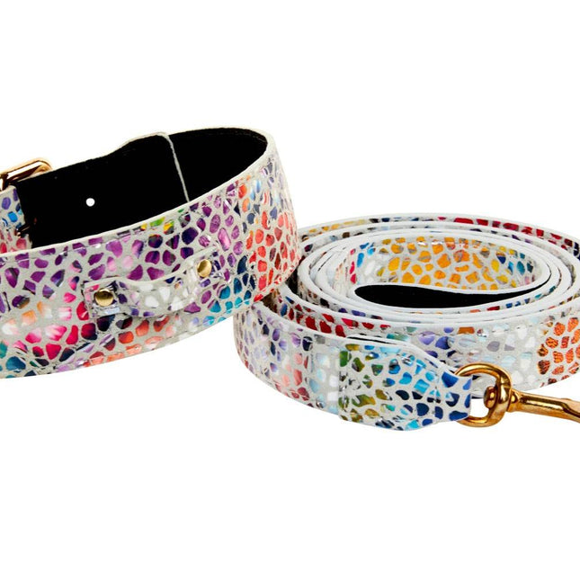 White Floral Mosaic Italian Leather Collar & Leash Set With Gold Classic Hardware