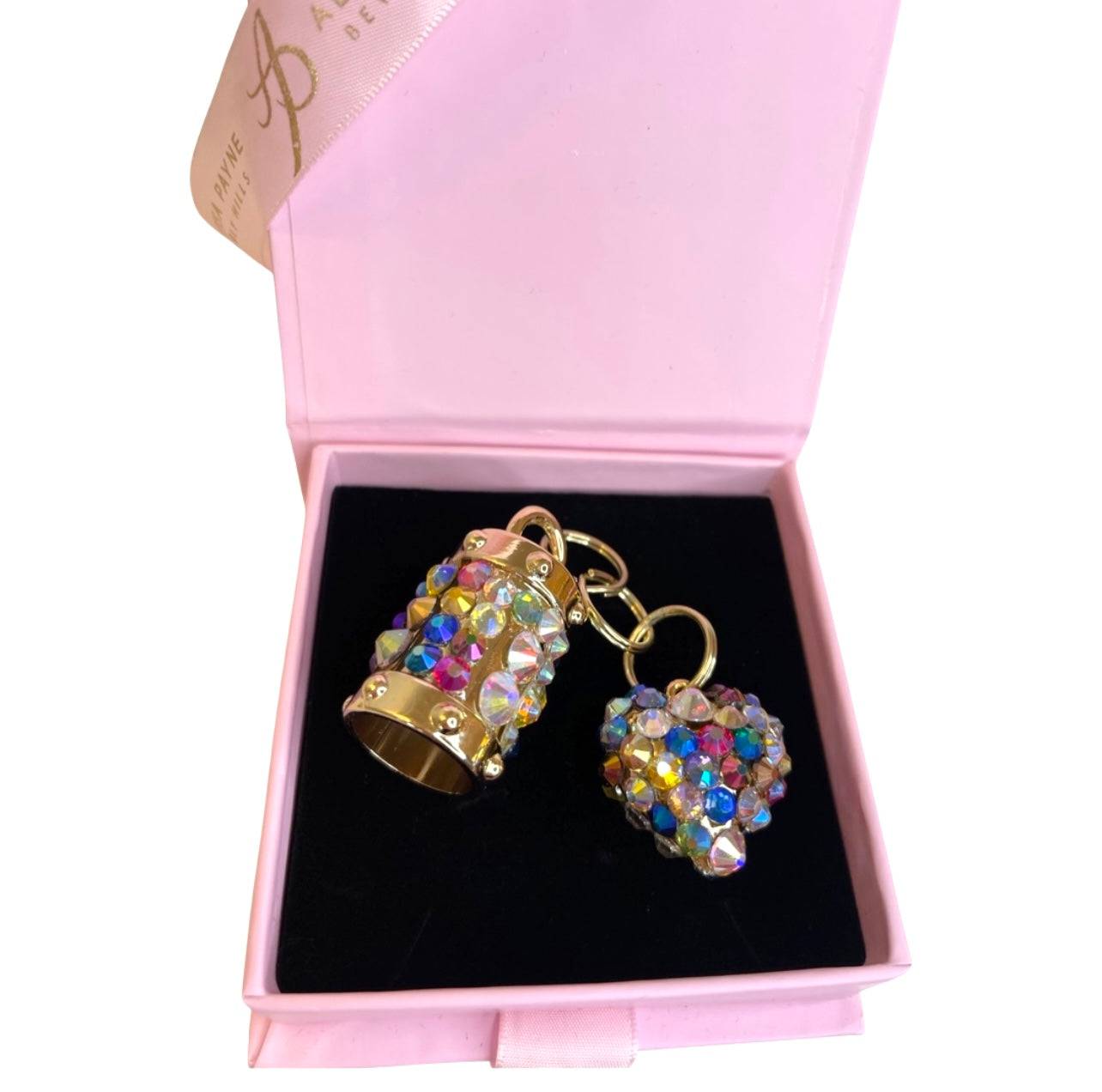 Set Of 2 Rainbow Color Swarovski Crystal Heart & Cylinder Matching Swarovski Charm