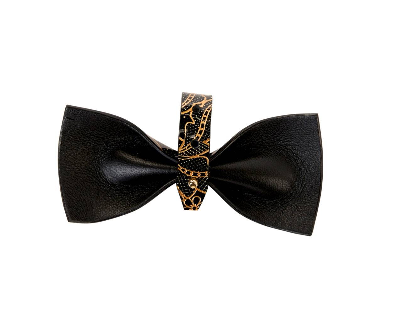 Black & Gold Floral Print Patent Italian Leather Bowtie