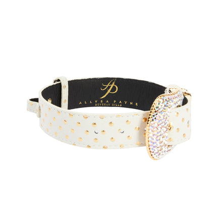 XL White and Gold Polka Dot Italian Leather/Swarovski Crystal Hardware Collar