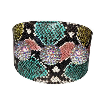 Multi-Color Embossed Snake Italian Leather Wide Style Collar With Custom Swarovski Crystal Rivets