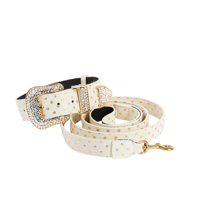 White and Gold Polka Dot Italian Leather/Swarovski Crystal Hardware Collar & Leash Set