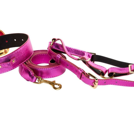 Pink Foil Italian Leather/Swarovski Crystal Collar, Leash, Harness Set