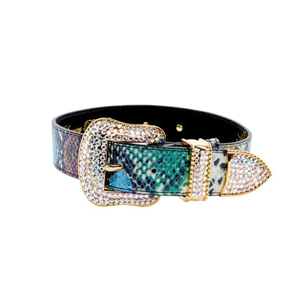 Green, Blue, Black, Red Embossed Snake Italian Leather Collar With Gold Swarovski Hardware