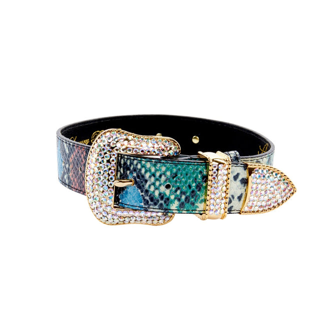 Green, Blue, Black, Red Embossed Snake Italian Leather Collar With Gold Swarovski Hardware