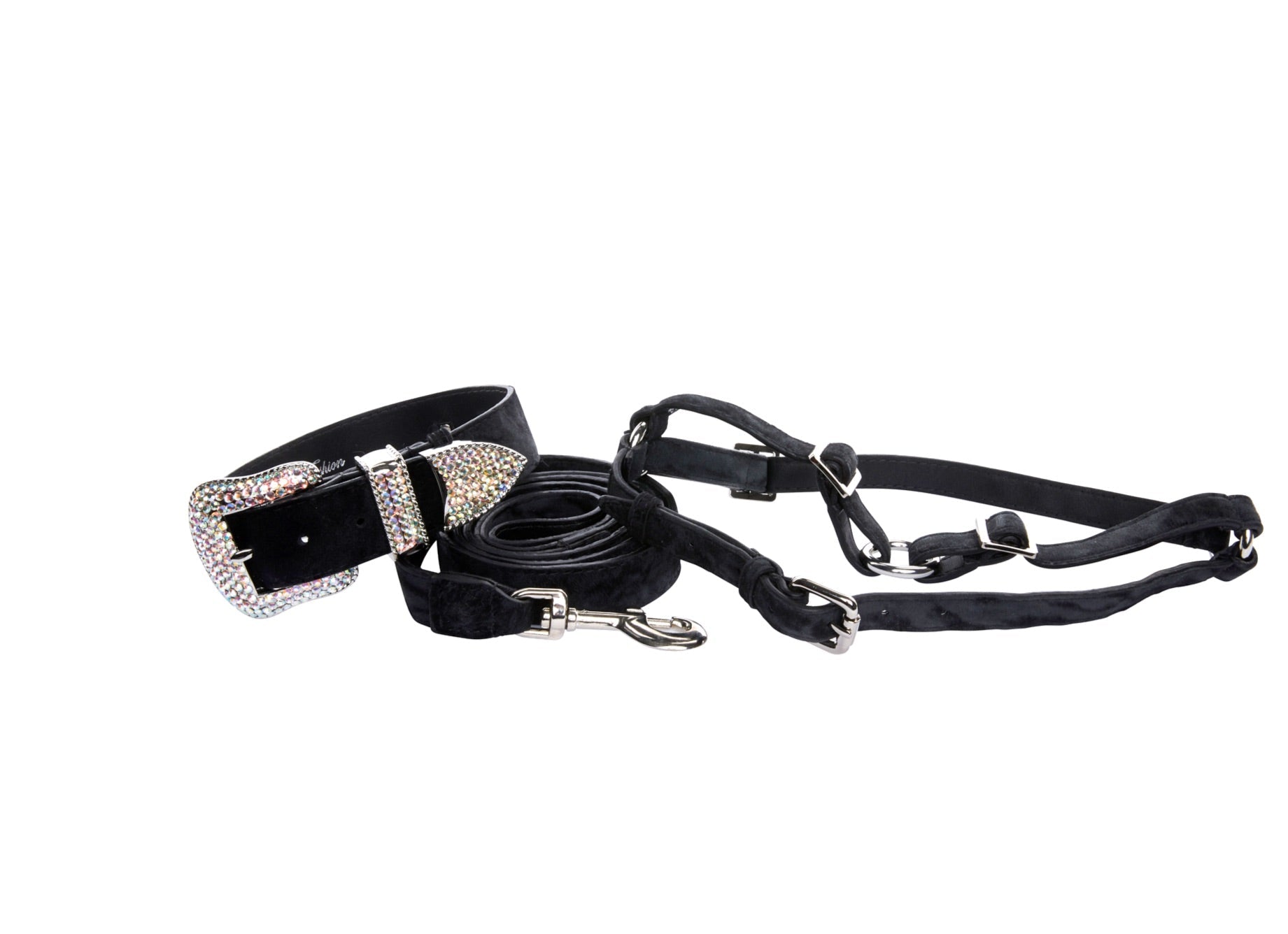 Black & Dark Navy Blue Glamorous, Classic Italian Leather With Silver Swarovski Hardware Collar, Leash, Harness, Set