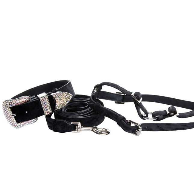 Black & Dark Navy Blue Glamorous, Classic Italian Leather With Silver Swarovski Hardware Collar, Leash, Harness, Set