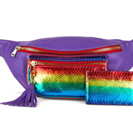 Rainbow Snake, Purple Italian Leather Fanny Pack & Wallet Set