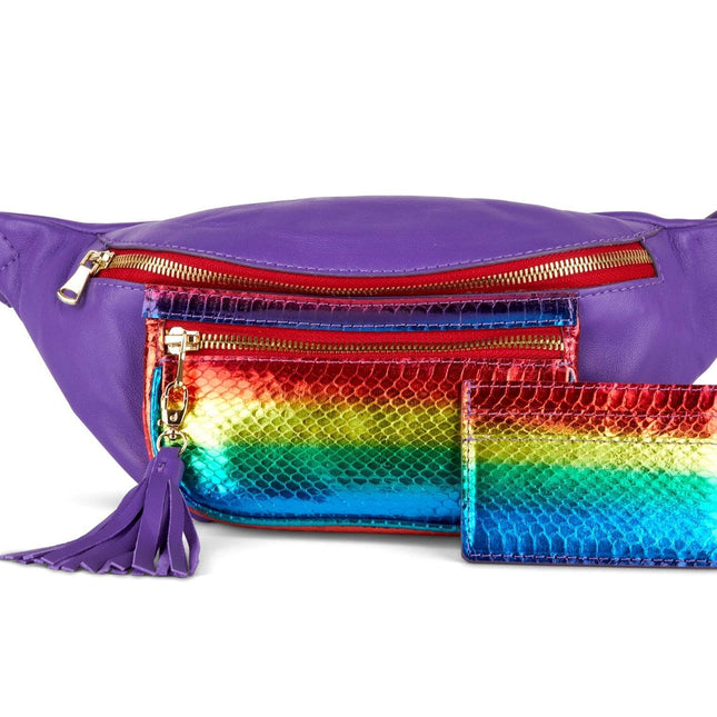 Rainbow Snake, Purple Italian Leather Fanny Pack & Wallet Set